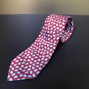 Ben Silver Silk Tie Burgandy Blue Geometric Ovals EUC Handmade in England